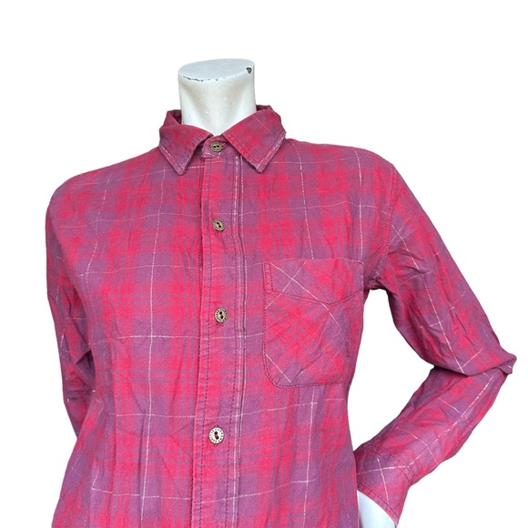 Current/Elliott Red Plaid Button Down Flannel Shirt with Fringe Raw Trim Size 0 - Picture 2 of 12
